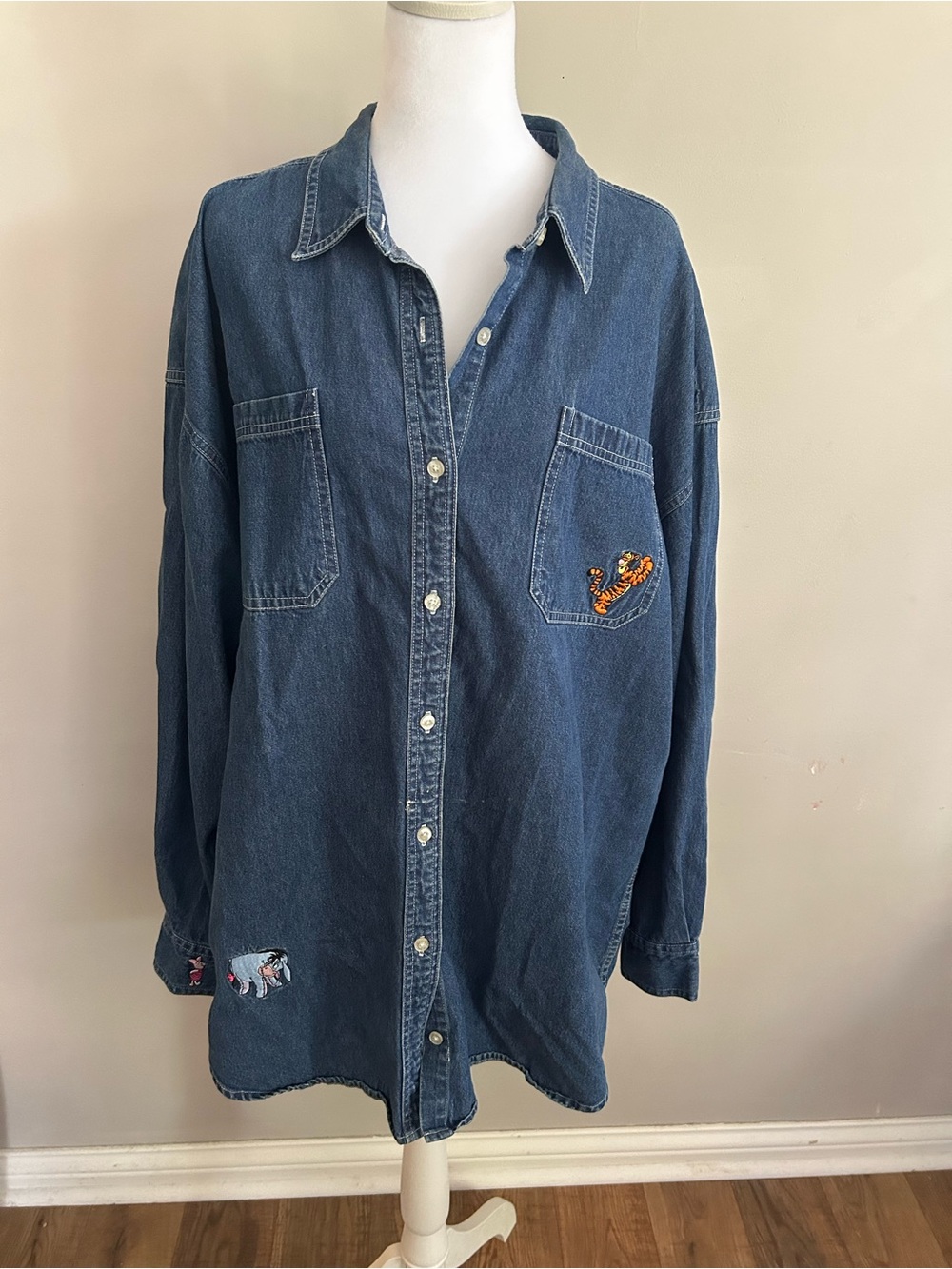 Vintage DISNEY Winnie The Pooh Embroidered Dark Denim Shirt XXL